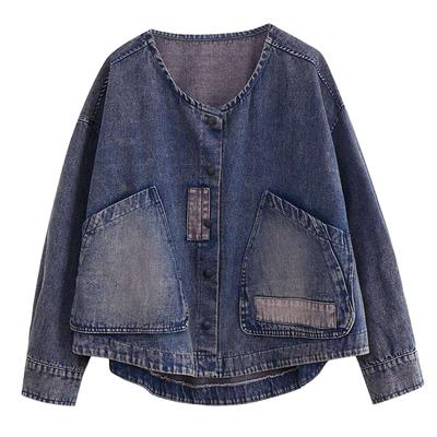 Plus Size Jacket O-Neck Coats Women Solid Coats Casual Autumn Loose Denim Cotton Buttons Oversize Short Jacket
