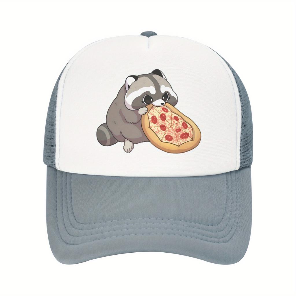 Cute Raccoon Eating Pizza Trucker Hat Breathable Mesh Adjustable Baseball Cap Casual Summer Travel