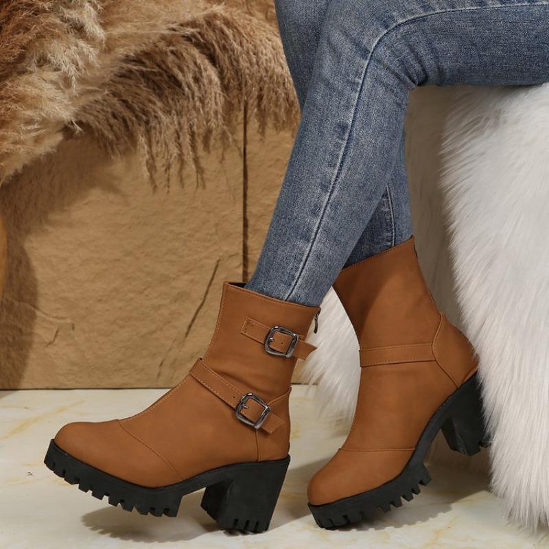 New Autumn and Winter New Fashion Boots Women's Belt Buckle Fashion High Heel Thick Bottom Versatile Women