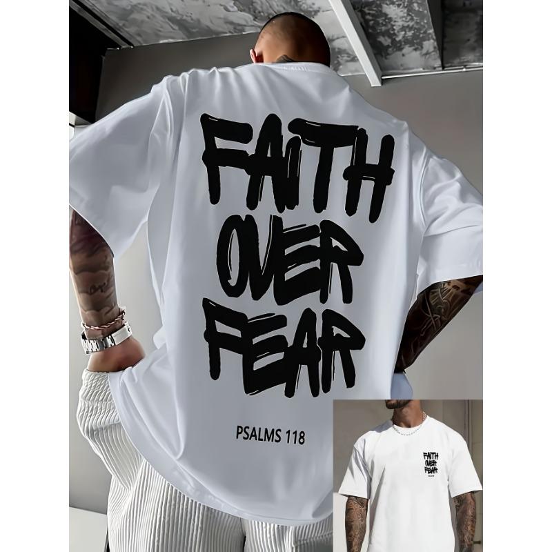 T-shirt estiva da uomo casual alla moda larga con stampa di lettere FAITH OVER FEAR a girocollo a maniche corte
