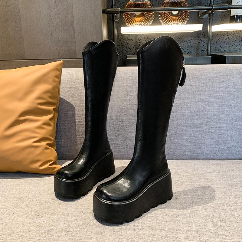 2025 New 8.5cm Women's Thick Bottom Long Boots Ankle High Autumn New Style Knight Boots Round Toe Simple Design Casual Boots