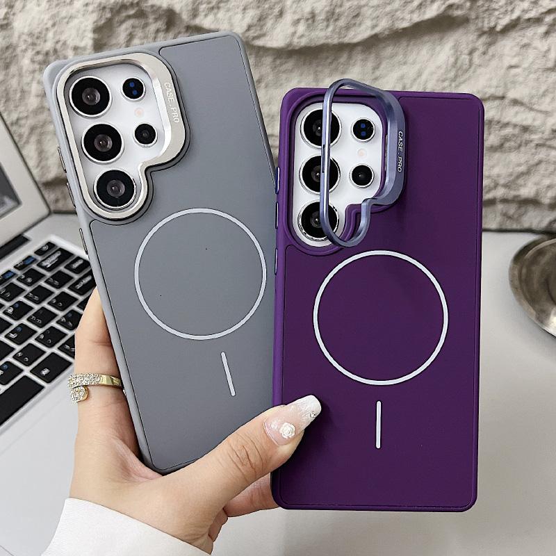 For Magsafe Magnetic Luxury Solid Color Liquid Silicone Lens Bracket Phone Case For Samsung S25 Ultra S24 Ultra Bumper Cover