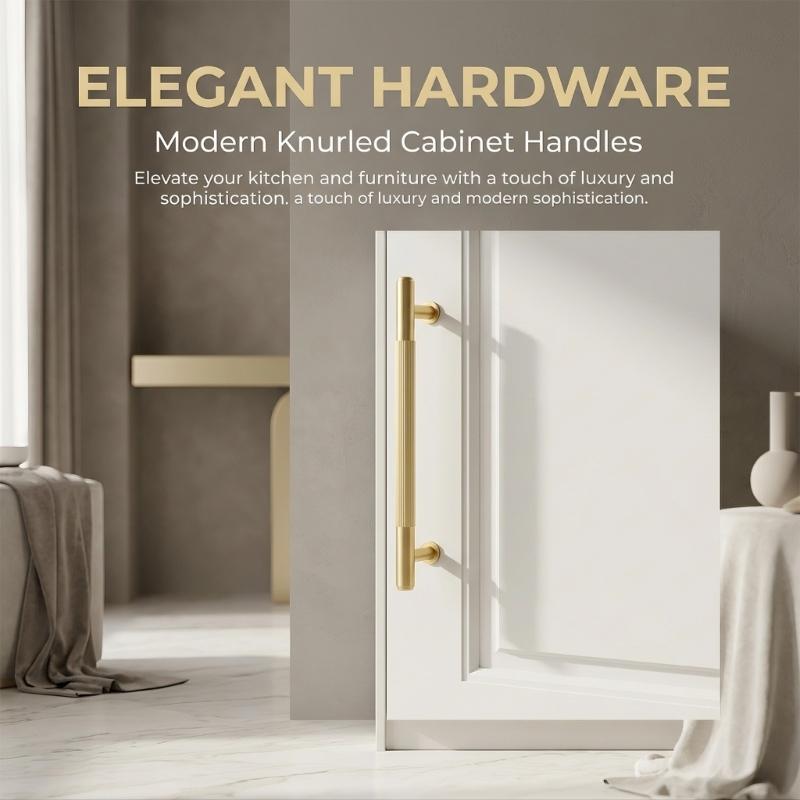 Ribbed Grip Cabinet Pull Handle, Brushed Gold Bar Hardware for Drawer Fronts, Bedside Storage and Cabinet Face