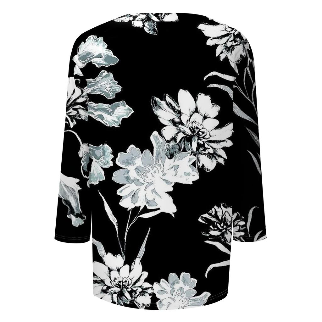 Mote Casual Rund Hals 3/4 Erme Løs Trykket T-skjorte Dame Topp