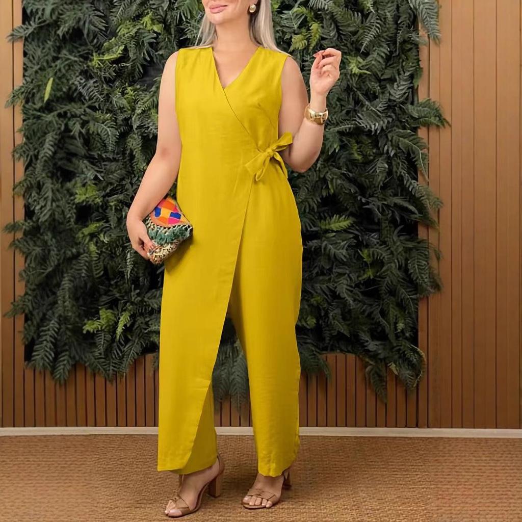 Tuta casual da donna tinta unita con scollo a V e laccio, collezione Primavera/Estate 2025