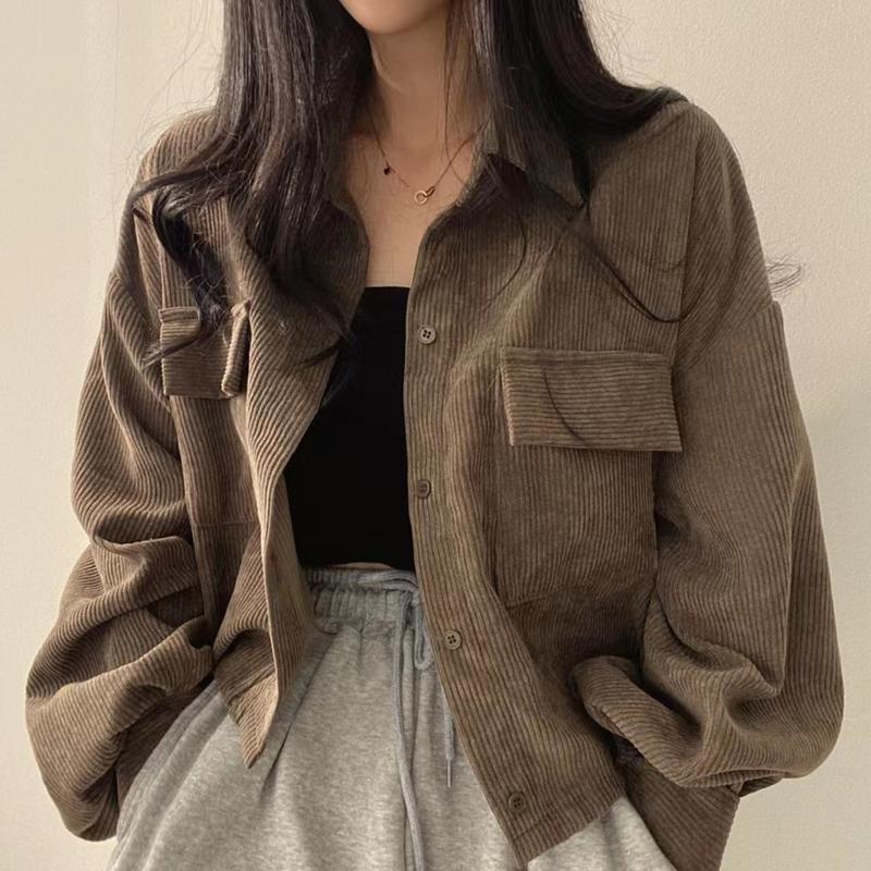 Korean Fashion Long Sleeved Corduroy Shirt Spring Versatile Single Breasted Lapel Jacket for Women's Elegant Casual Pockets Coat