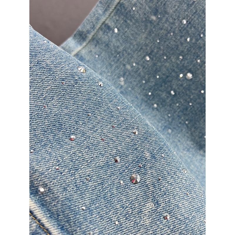 Fashion Women Blue Jeans High Waist Diamond Studded Straight Denim Pants Spring Summer Female Chic Trousers