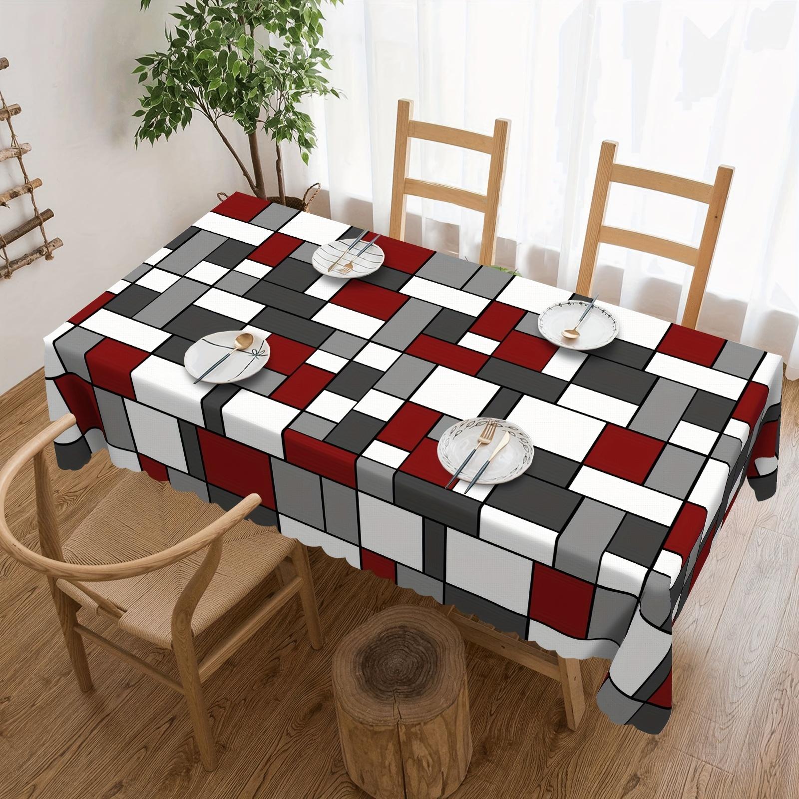 Nappe à Motif Géométrique Abstrait Décoration de Maison Bloc de Couleur Rouge Blanc Gris Housse de Table Rectangulaire Décor de Table de Salle à Manger de Cuisine 100x160cm