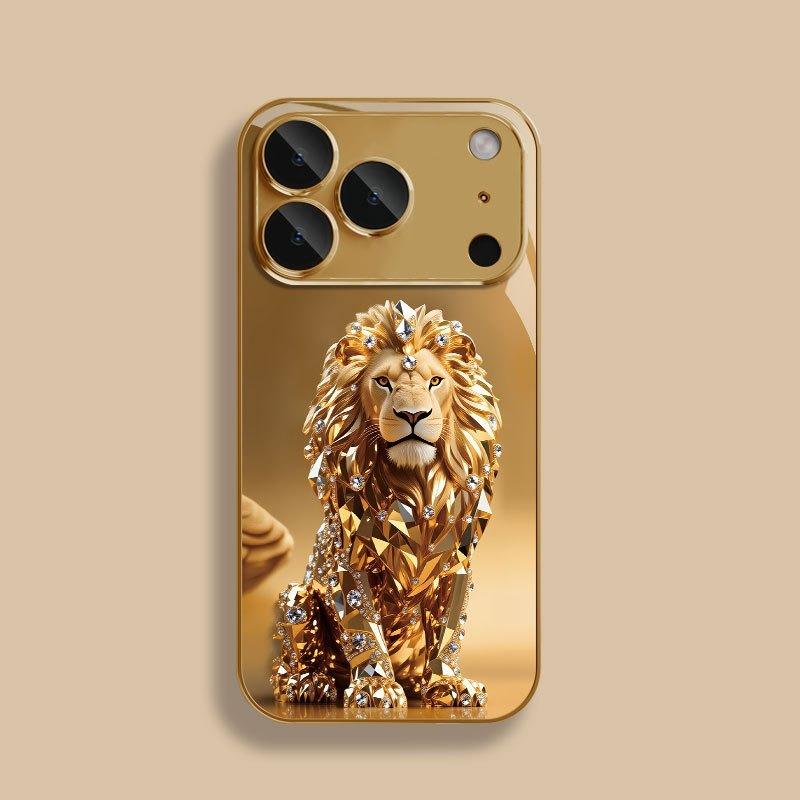 Funda de Cristal para Teléfono con Patrón de León Dorado Pintura Metálica Dorada para iPhone 17 11 12 13 14 15 16 Pro Max 15 Plus 17Air 16E Cubierta