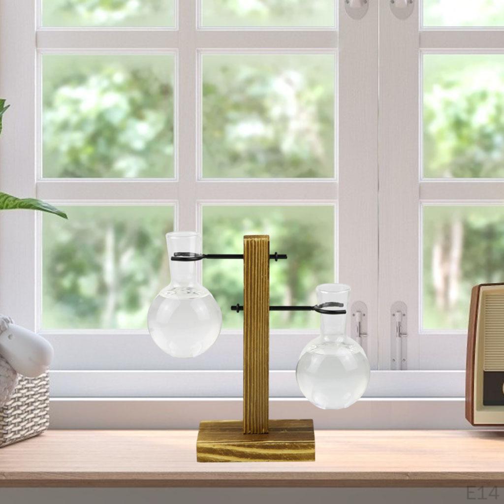 Terrarium Transparent with Wooden Stand Glass Vase Holder Creative Flower Pot for Coffee Shop Room