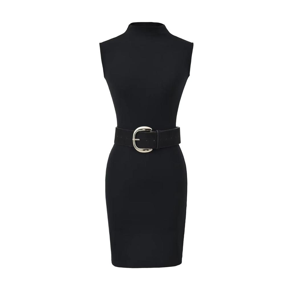 Pure Desire Black Sleeveless Belted Slim Fit Dress - Sexy, Flattering, Hip-Hugging Skirt for Hot Girls