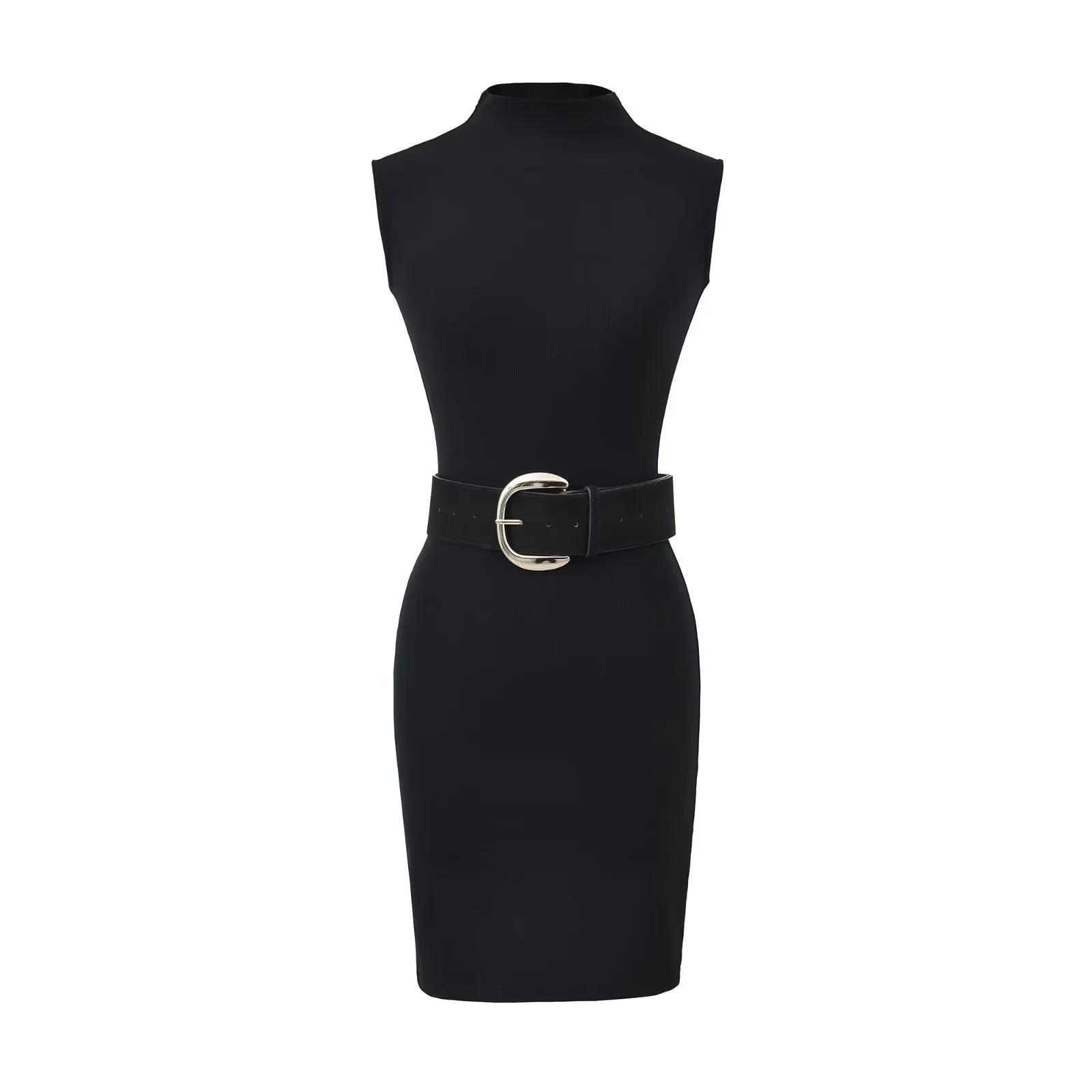 

Pure Desire Black Sleeveless Belted Slim Fit Dress - Sexy, Flattering, Hip-Hugging Skirt for Hot Girls Large чёрный