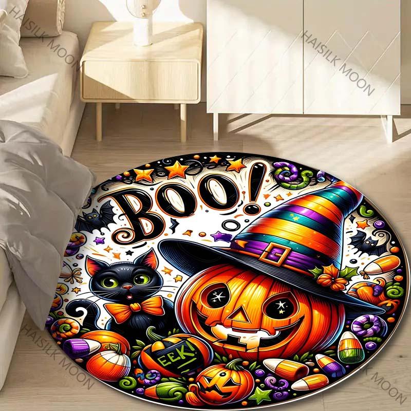 1PC Pumpkin Head Bat Castle Halloween Round Carpet for Kids Living Room Rugs Picnic Mats Flannel Anti-Slip Rug Luxury Gift