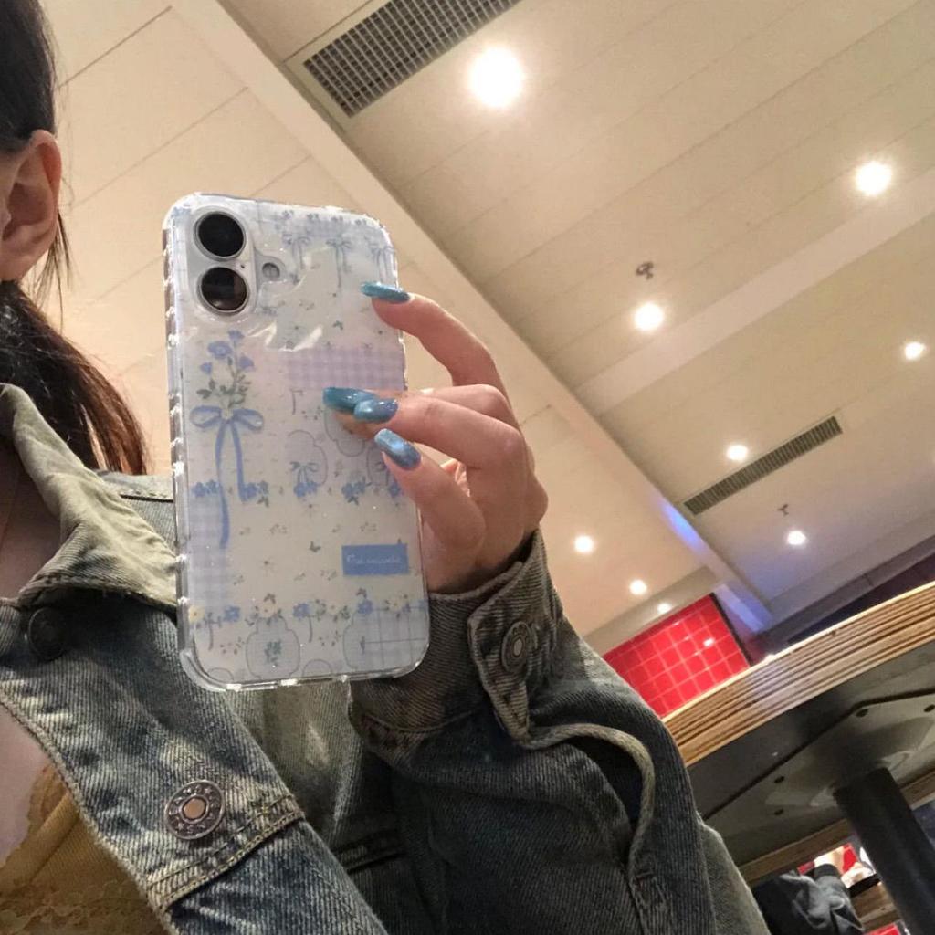 Spring Pastoral Blue Plaid Floral French-Style Phone Case for 16 Pro Max, 15 Pro, 14 - Double Layer Protection