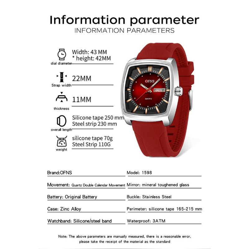 Men Watch Fashion Square Stainless Steel/Silicone Strap Waterproof Luminous Quartz Week Calendar Business Sports WristWatch