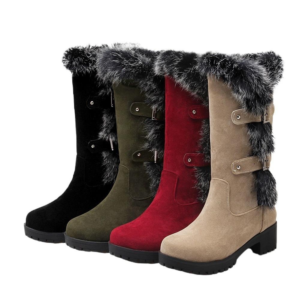 New autumn and winter new women's casual matte medium boots low heel rabbit fur snow boots