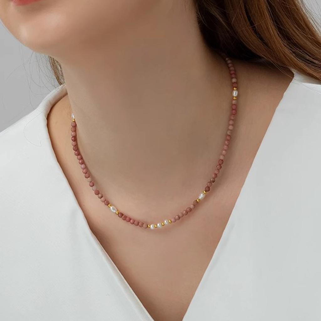 Pink natural stone beaded necklace temperament versatile freshwater pearl collarbone chain neck chain commuting fashion