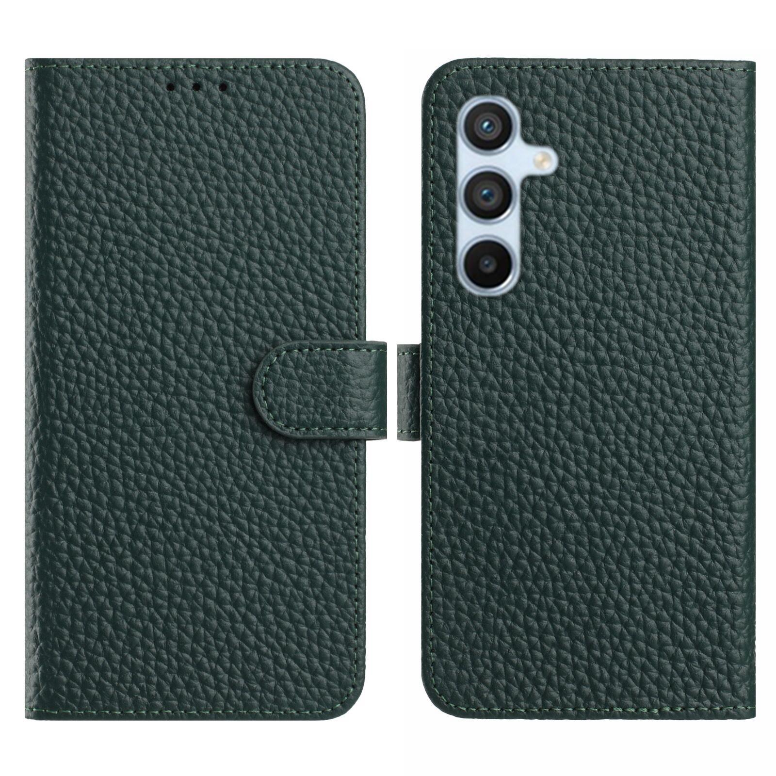 

For Samsung Galaxy S23 FE Case Wallet Stand Litchi Texture Genuine Cow Leather Flip Phone Cover Green