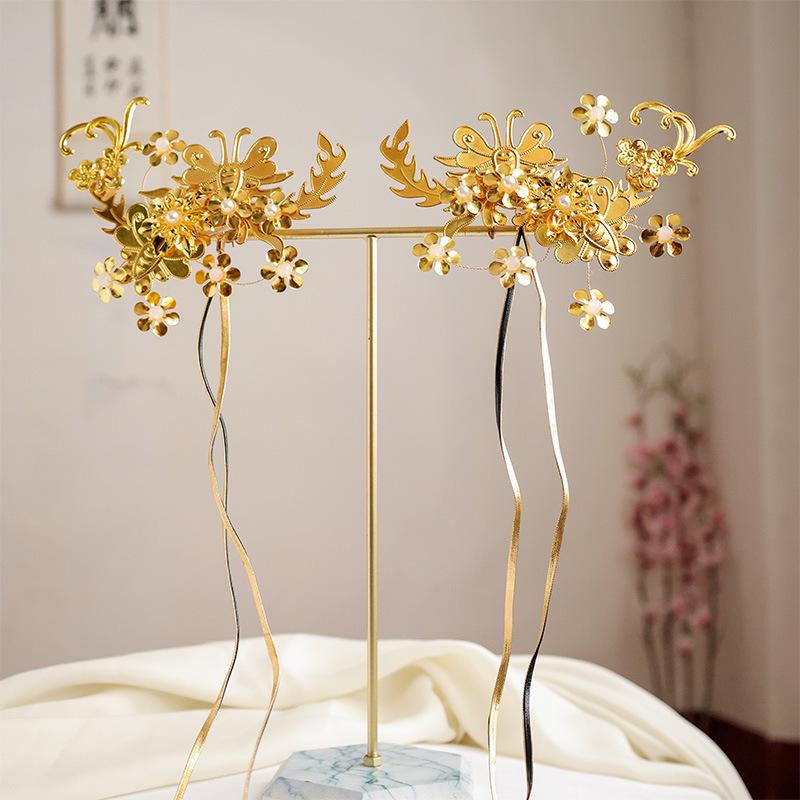 

Yu Ji Gold Flower Vine Hanfu Hairpin Pair with Ribbon