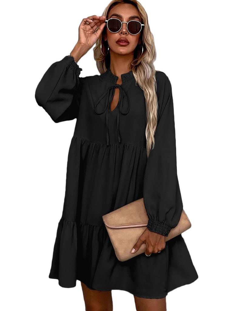 Shi Ying Women's Solid Color Autumn Midi Dress - Long Sleeve, Drawstring, Pointed Collar, Loose Fit