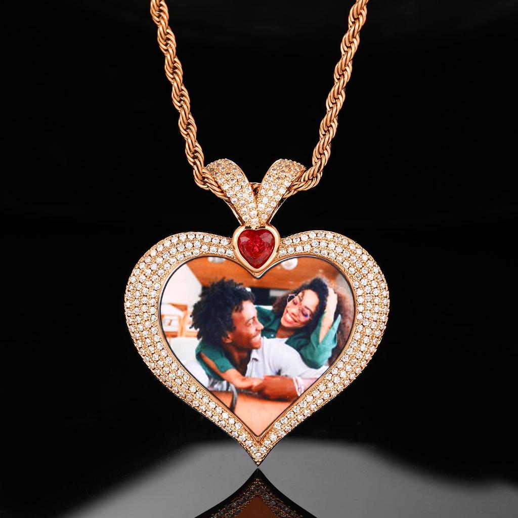 Heart-Shaped Hip Hop DIY Photo Pendant with Zircon Inlay – Customizable and Trendy
