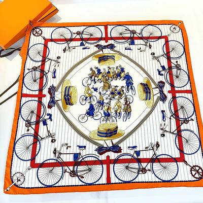 990CM Hand-Rolled Edge Bike And Hat Printed Square Scarf Sun Protection Twill Silk Shawl Women Luxury Handmade Curled Headscarf