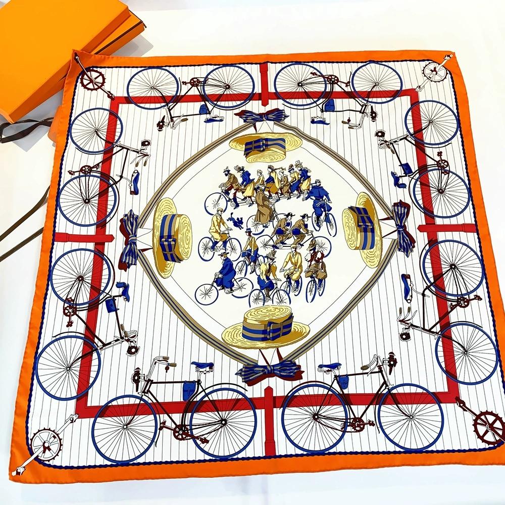 990CM Hand-Rolled Edge Bike And Hat Printed Square Scarf Sun Protection Twill Silk Shawl Women Luxury Handmade Curled Headscarf