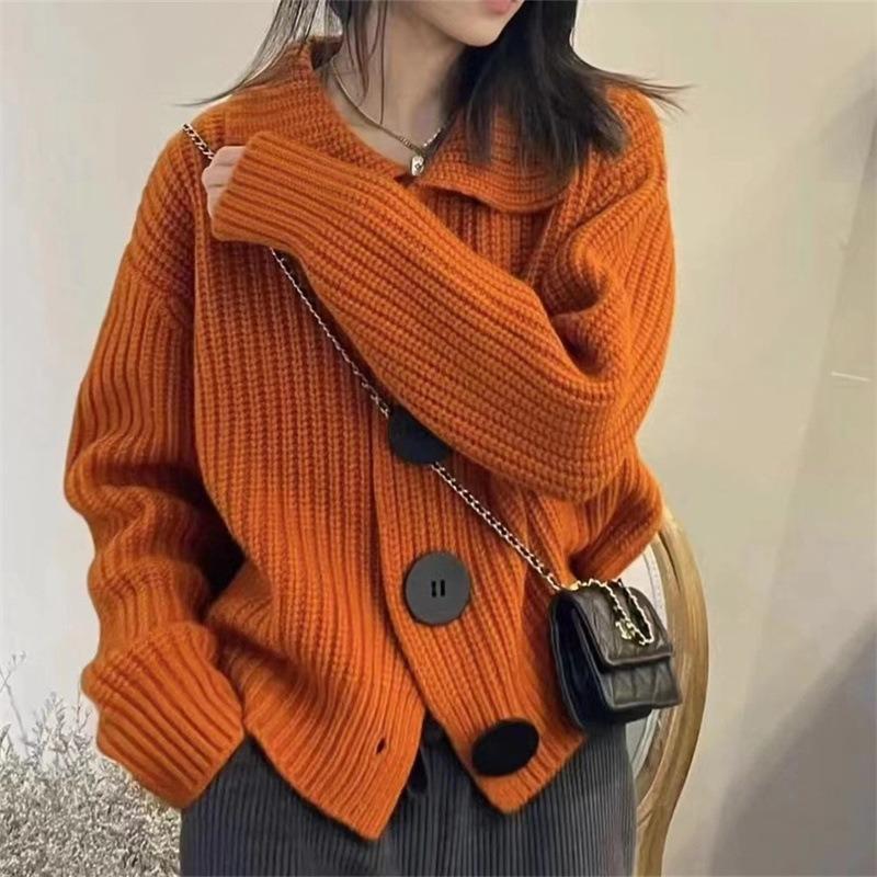 Knitted Cardigan Women's Autumn Clothing New Long-sleeved Loose Fashion Large Button Lapel Short Sweater Jacket
