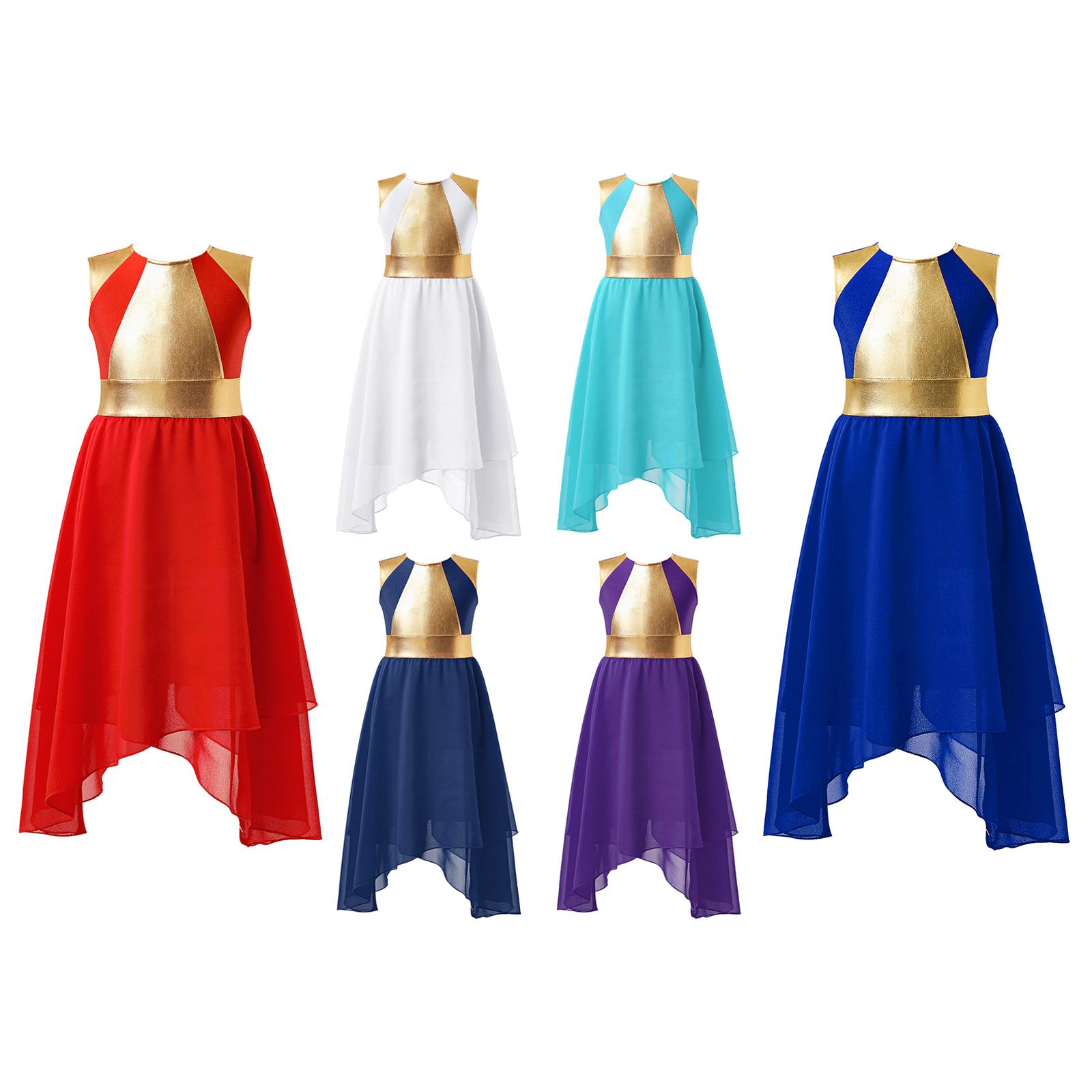 

Girls Sleeveless Dance Dress Round Neck Zipper Back Shiny Bronze Patchwork Design Irregular Hem Performance Costume 5-6 Years королівський синій колір