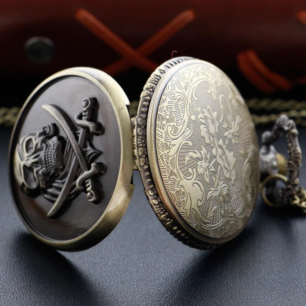 New Bronze Classic Crossed Sword Skull Arabic Digital Quartz Pocket Watch Necklace Pendant Clock Fob Chain Men's Women's Watches