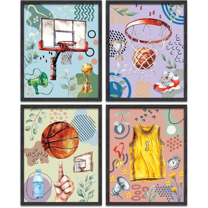 Basketball Graffiti Canvas Wall Art Prints,Graffiti Wall Art Sports Print Wall Decor Set of 3,Retro Colorful Baseball,Soccer,Basketball Print for Boy