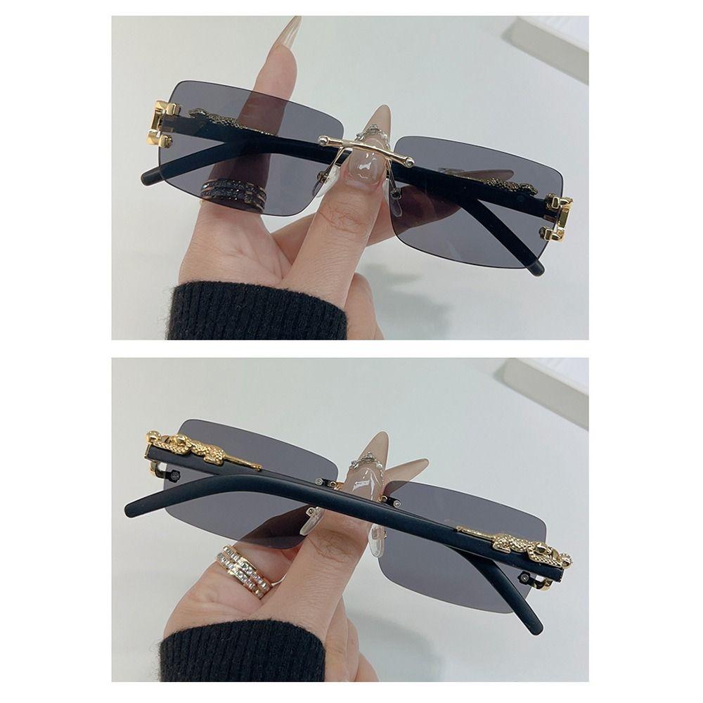 Leopard Decor Rectangular Sunglasses Metal Frame Cut-Edge Rimless Shades UV400 Protection Frameless Eyewear for Women & Men