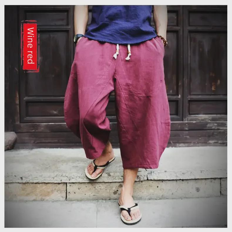 Men's Loose-Fit Cotton-Linen 7-Point Wide-Leg Trendy Chinese Style Summer Shorts