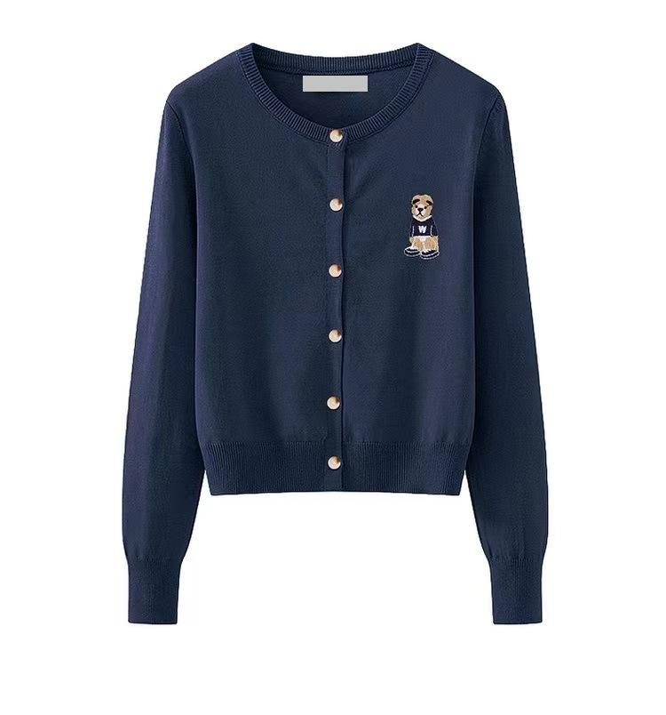 Podzimní preppy styl pletený kardigan s medvídkovou výšivkou, slim fit, všestranný top s dlouhým rukávem a kulatým výstřihem pro ženy