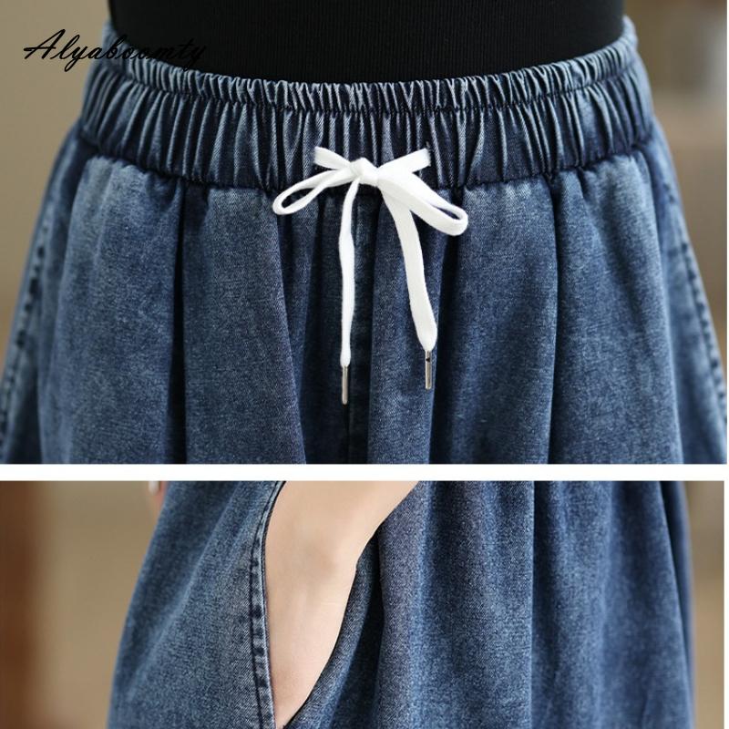 Plus Size Spring Summer Women Wide Leg Jeans High Waist Drawstring Oversized Baggy Denim Culottes Pants Patchwork Stylish Ladies' Trousers