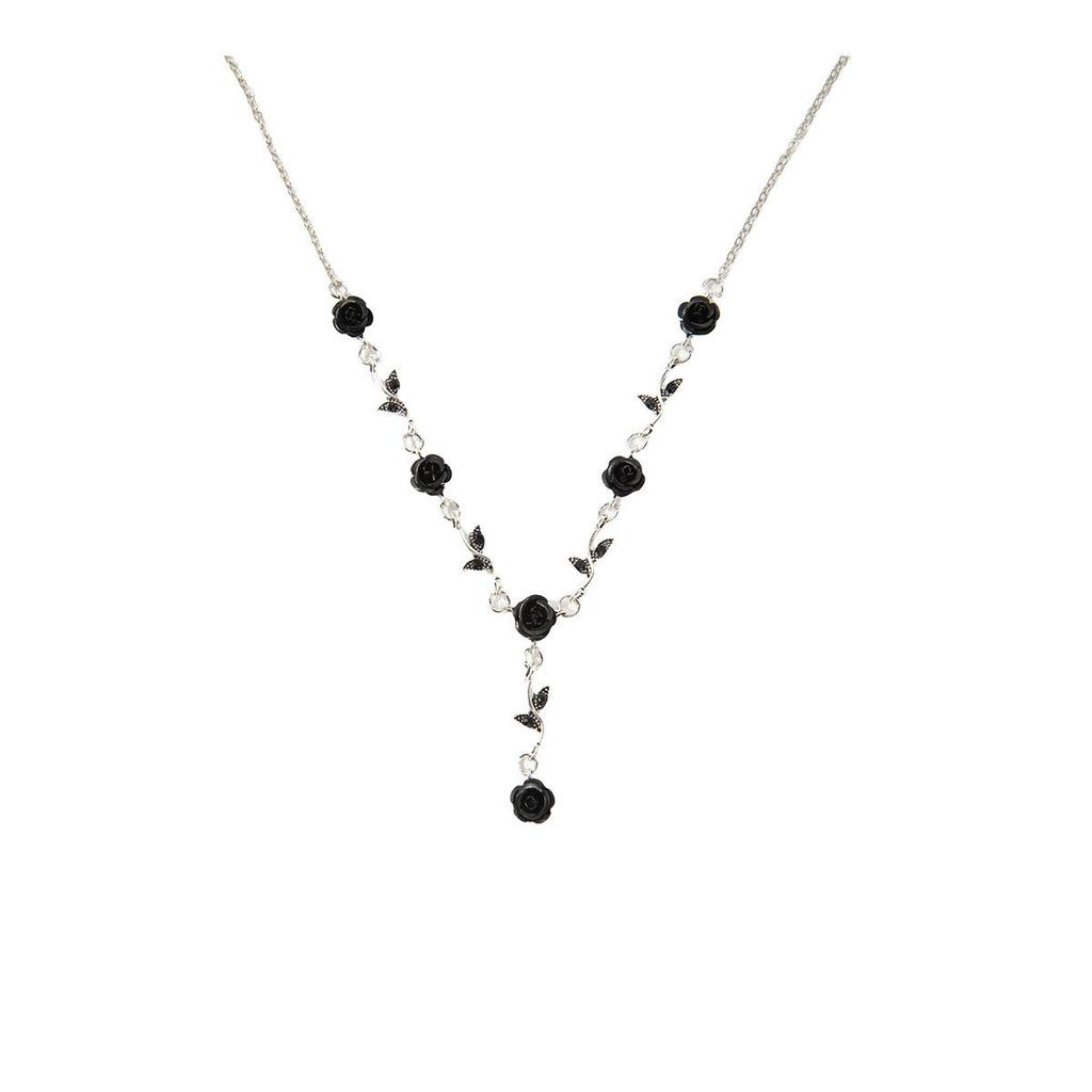 Elegant High-End Women's Retro Silver Fairy Jewelry Set: Black Knight Rose Earrings, Bracelet & Necklace