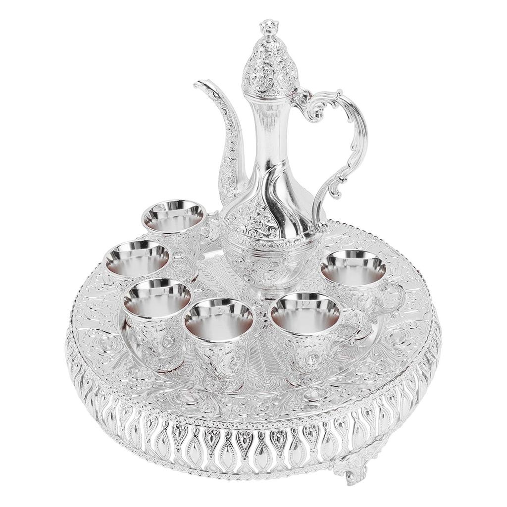 Vintage Wine Pot Set European Retro Coffee Pot Tray Kit Decorative Zinc Alloy Exquisite Carving Wine Cups for Home Party Dinner