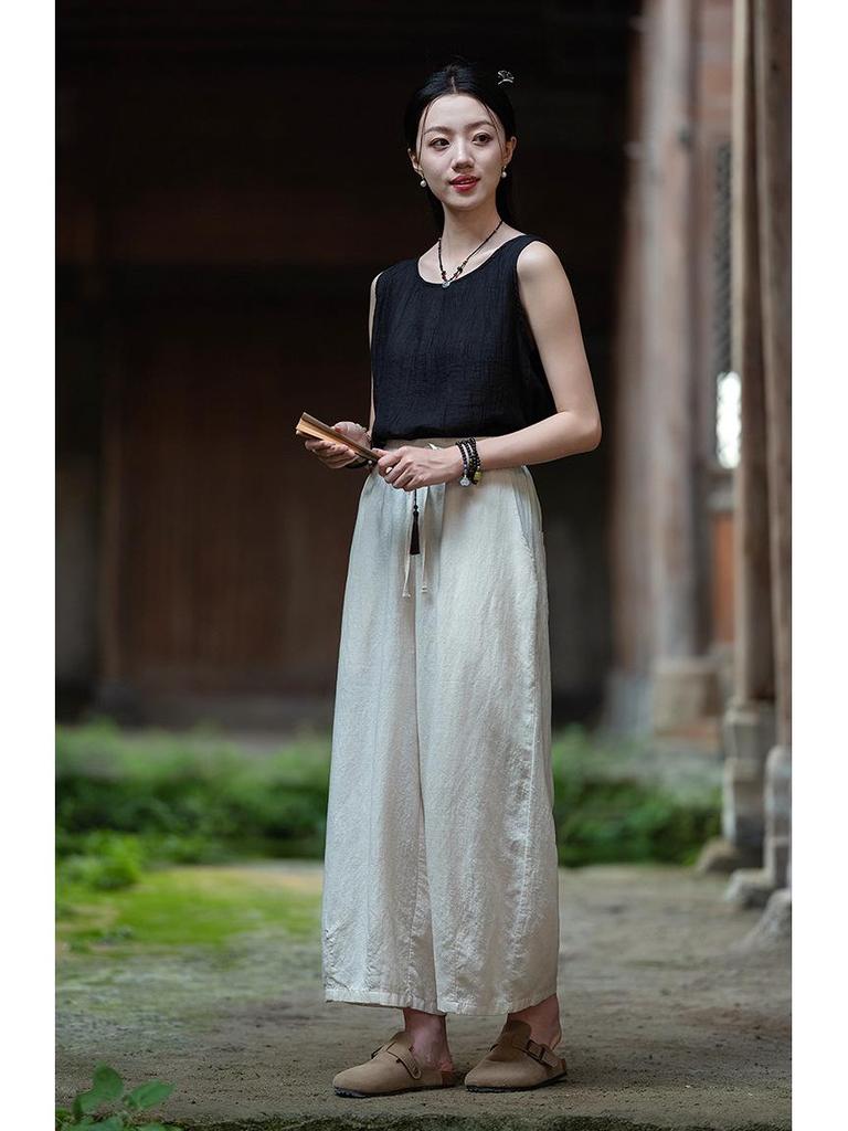 Spring Literary Linen Balloon Wide-Leg Pants - Women's Washed Cotton Nine-Point Loose Fit