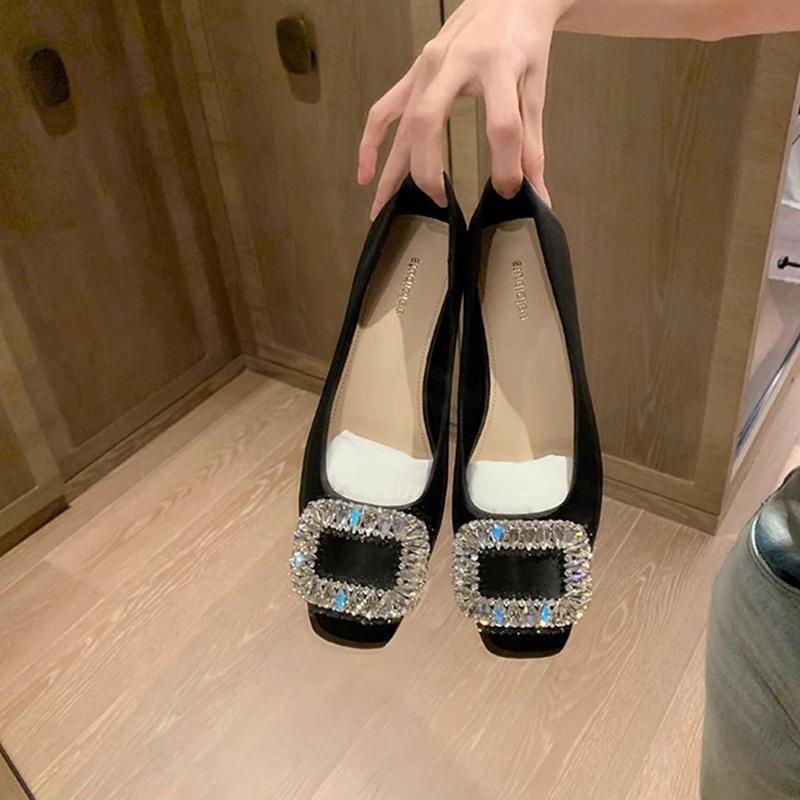2025 spring new rhinestone square head light mouth silver flat-soled single shoes fairy soft leather temperament commuter women's shoes