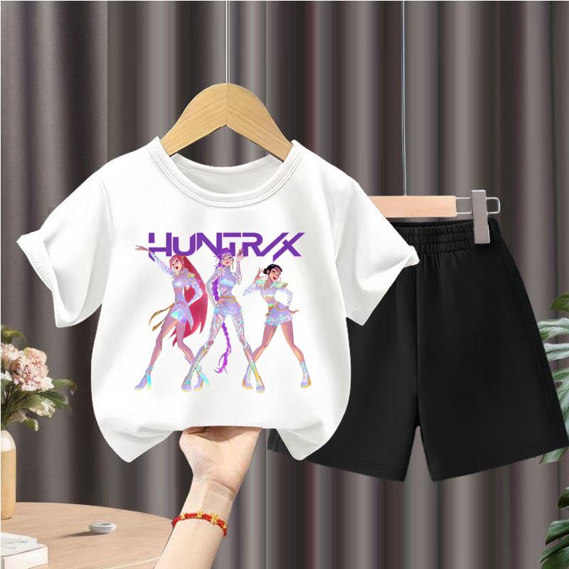 Summer Children Casual T Shirt Sets K POP Cartoon Printed Girls Short Sleeve Top and Shorts Two Piece Suit Kids Fashion Outfits