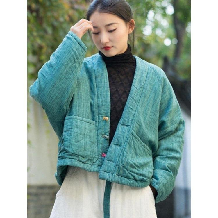 Chinese Style Women Vintage Linen Parkas Winter Warm Coats with Long Sleeve and Pockets