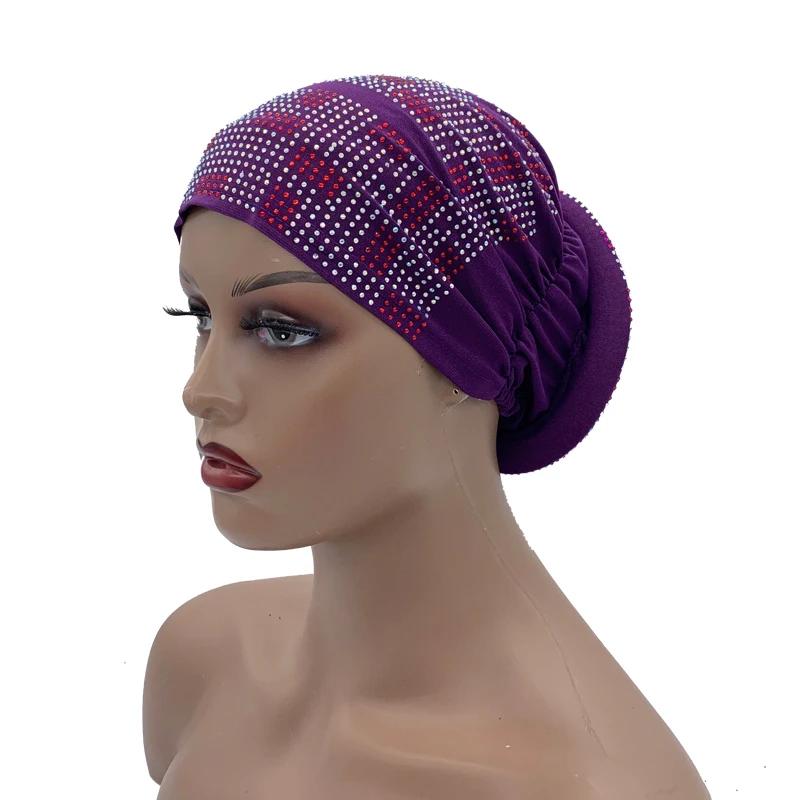 New Women Full Diamonds Donut Turban Cap Elastic Muslim Hijab Bonnet Hat Ladies Headband Turbans African India Caps