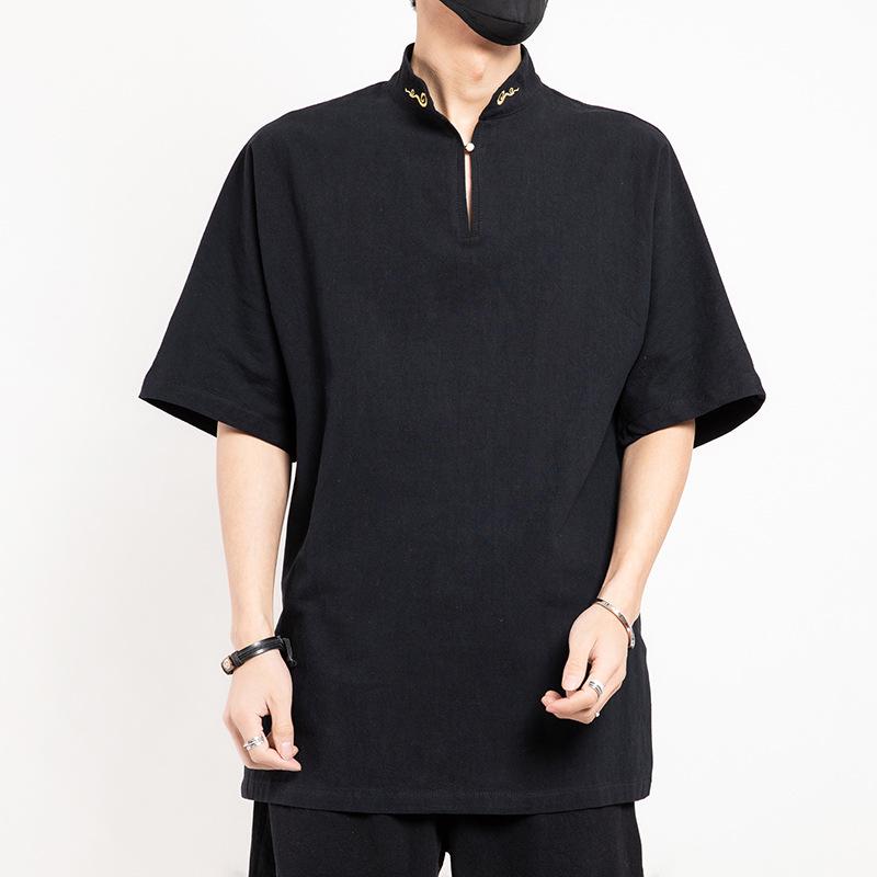 2022 Chinese Style Men's Casual Cotton Linen T-shirt, Retro Plus Size Long Sleeve Tang Suit