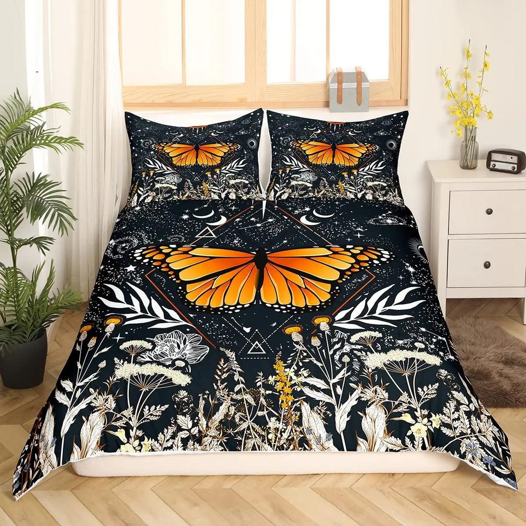 Death Moth Flowers King Queen Bedding Set Leaves Sun Moon Duvet Cover Gothic Animal Floral Comforter Cover Polyester Quilt Cover