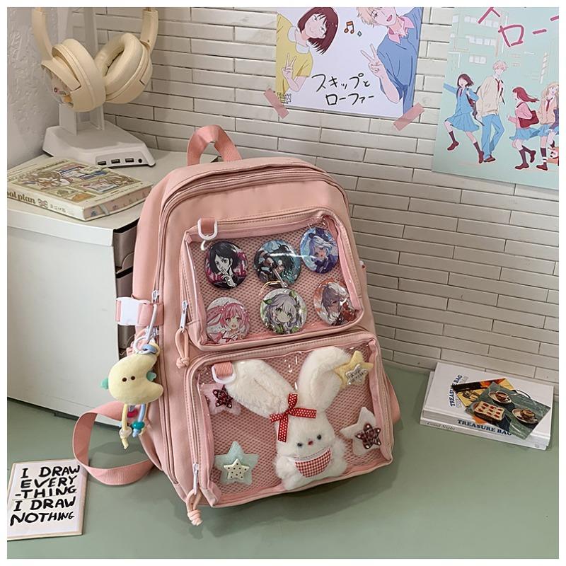 Cartoon Badge Transparent Smug Pain Bag for Female Students, Japanese-style Simple Large-capacity Backpack, Campus-style Schoolbag