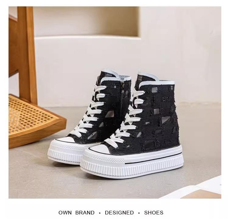 

Internet celebrity real soft leather thick-soled inner height-increasing canvas shoes women s spring and summer mesh yarn breathable hole muffin c 35