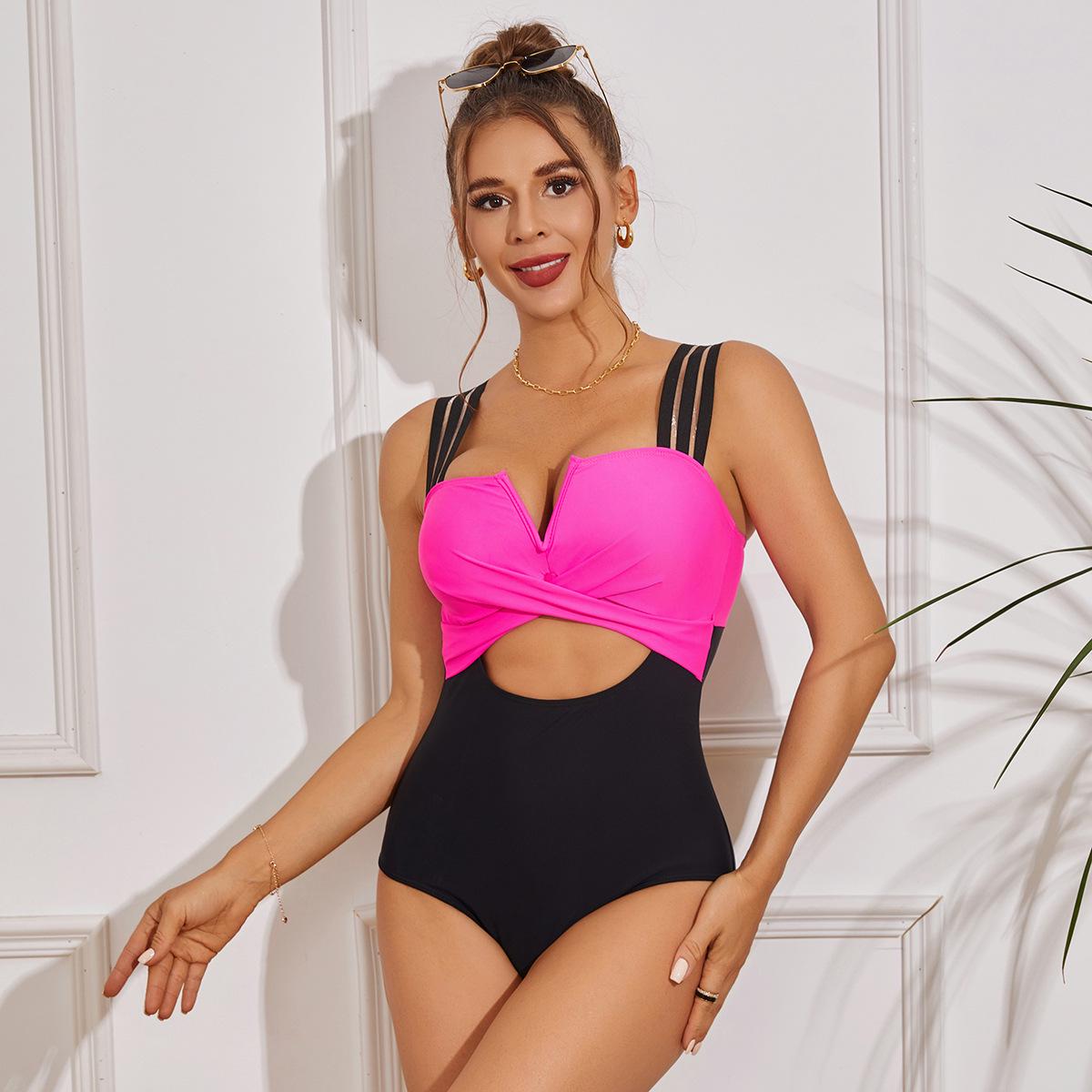 

2025 Женский цельный купальник с V-образным вырезом и контролем живота для пляжа и горячего источника Large розы красного