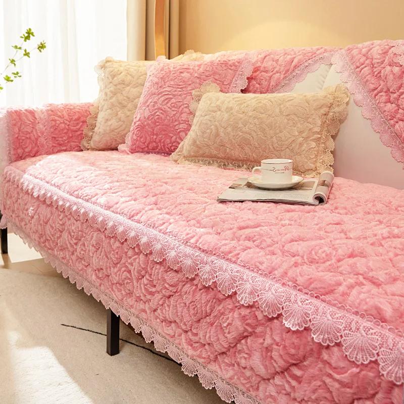 Soft Rose Plush Sofa Cover With Lace Winter Thickening Warm Plush Cushions Non-Slip Living Room Leather Sofa Backrest Armrests