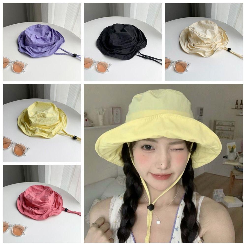 Pleasantly Cool Sunshade Bucket Hat Windproof Rope Foldable Basin Cap  Travel