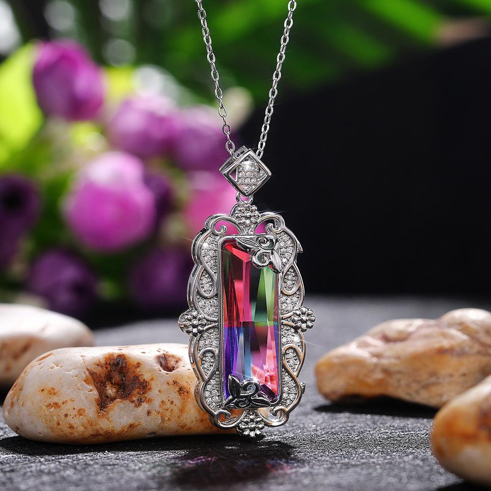 Silver Plated Marquise Cut Gradient CZ Pendant Necklace, Ornate Floral Vintage Cable Chain Necklace for Women